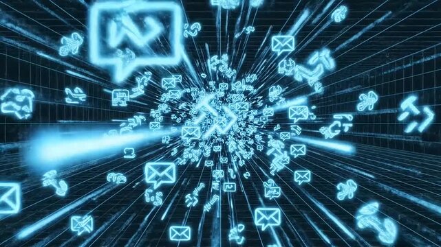Abstract glowing blue communication symbols and icons accelerating through a digital tunnel