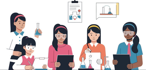 Diverse group of young female students enthusiastically engaging in a captivating science experiment with laboratory equipment and recording data.