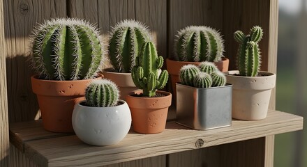 Cacti in pots on a wooden shelf