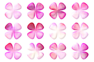 Set of pink watercolor flowers with 4 petals. Spring blossom design elements with transparent background.