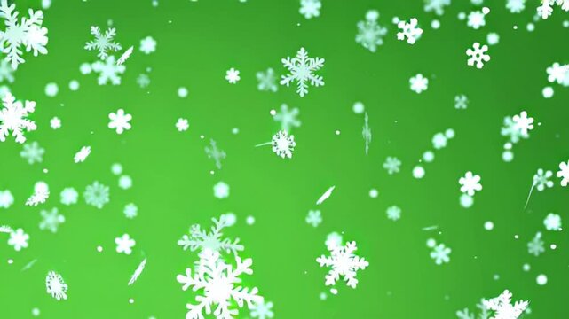 White snowflakes falling on a green background.