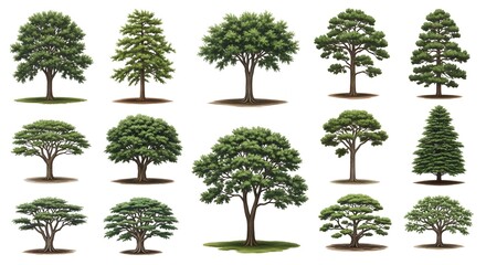 Collection of various tree species isolated on white background