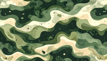 Flowing, layered organic shapes in muted green and beige tones