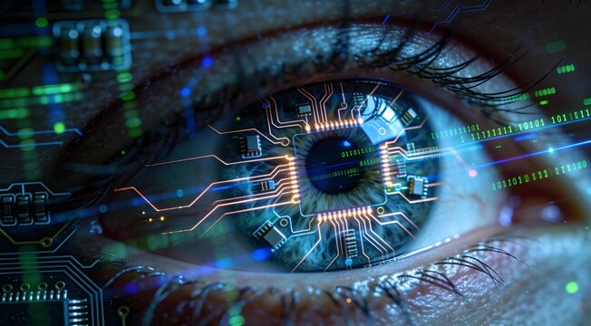 Futuristic AI Surveillance Eye with Quantum Microchip, Digital Circuits and Data Flow – Cybersecurity, Biometric Scanning and Advanced Artificial Intelligence - Powered by Adobe