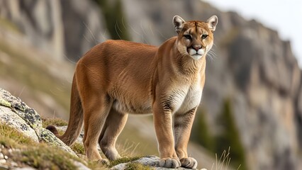 Obraz premium Realistic wildlife photo of a mountain lion standing majestically on a rocky mountain slope, full body visible in powerful stance. Tawny fur with detailed texture, sharp eyes focused forward, natural 