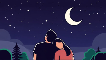 Couple gazing at starry night sky with crescent moon, romantic landscape with trees and hills, peaceful atmosphere, love and relationship concept, nighttime scenery