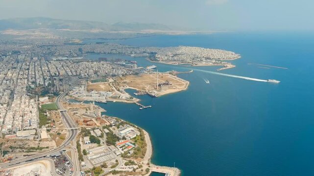 Athens, Greece. City and port panorama. View of the port of Piraeus. Drone footage