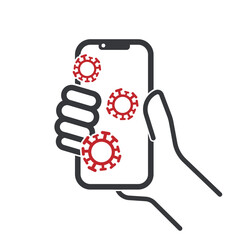 Isolated pictogram of dirty hand touching smartphone with microbes, viruses, bacteria, symbolizing disease source, hygiene awareness, and cleaning reminder routine.