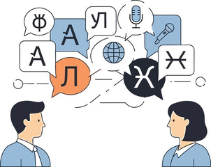 Conceptual illustration depicting two individuals engaged in cross cultural communication facilitated by language translation services featuring speech bubbles and diverse foreign alphabet characters.