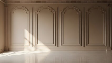 A dimly lit room with ornate wall paneling and sunlight