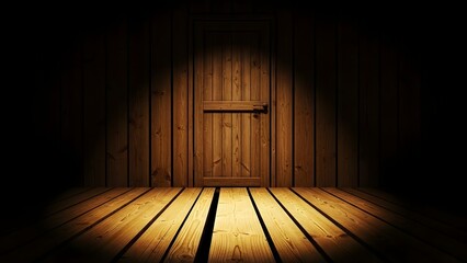 Mysterious wooden door in darkness with spotlight