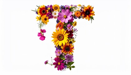 Floral "T" on white background, composed of vibrant sunflowers, cosmos, and other blooms