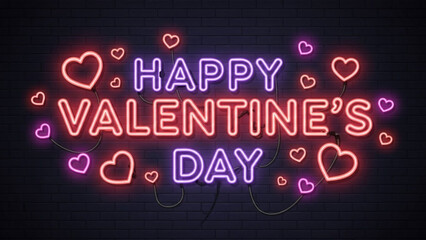 Neon sign with Happy Valentines Day text and hearts glowing on a dark brick wall perfect for celebra