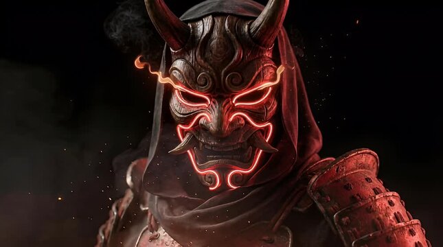 Oni mask glowing red neon light dark background
