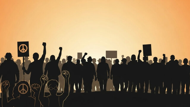 Silhouette crowd protesting with peace signs and signs representing social activism and demonstratio