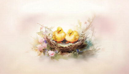 Two fluffy ducklings resting together in a nest with flowers  