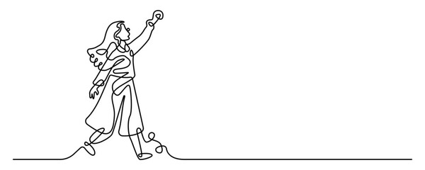 Clean minimalist line art illustration of happy young woman jumping expression of freedom