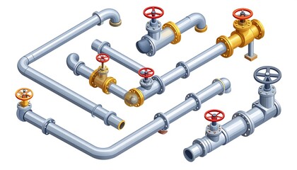 Illustration showcases a collection of metallic pipes, valves, and joints, arranged in an isometric perspective on a white background