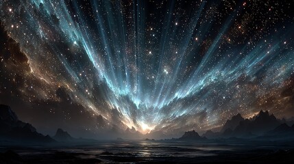 Cosmic Nebula with Starburst Rays Over Mountainous Landscape space stars