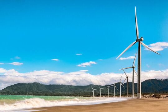 Aerial view of Bangui Wind Farm windmills along the coast of Ilocos Norte, Philippines