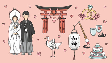 A charming illustration depicting a traditional Japanese wedding ceremony with a bride and groom in traditional attire, a torii gate, wedding rings, a crane, and a wedding cake.
