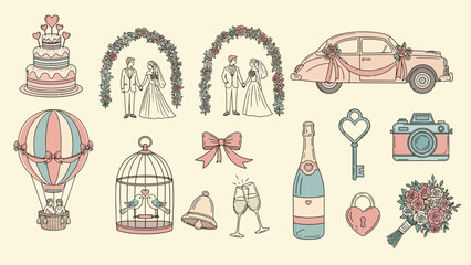 A collection of charming hand-drawn wedding-themed illustrations including a cake, arches, a car, a hot air balloon, a birdcage, champagne, and a bouquet.