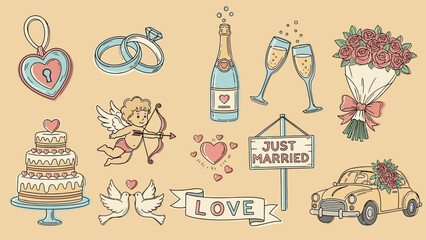 A charming collection of hand-drawn wedding-themed illustrations on a beige background.