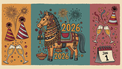 A vibrant illustration celebrating the arrival of 2026 with a decorated horse, fireworks, party hats, and champagne.