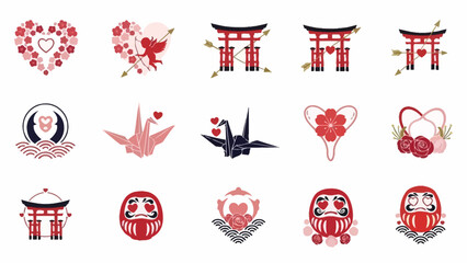 Collection of Japanese cultural icons with romantic and Valentine's Day themes, featuring torii gates, daruma dolls, origami cranes, and heart motifs.
