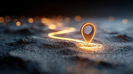 Illuminated location marker symbol shines with light, marking a path across a textured, dark, and blurred environment