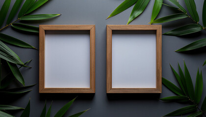 Wooden Picture Frame with Green Leaves on Textured Wall and copy space.