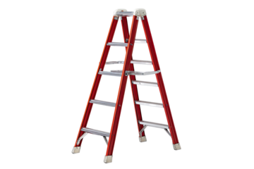Red ladder stands ready, angled, on solid black backdrop