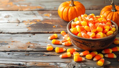 Halloween scene Candy corn spills from a bowl, pumpkins sit on rustic wooden planks