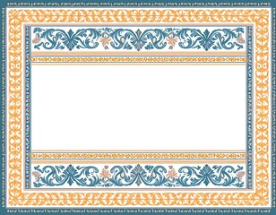 Decorative rectangle with ornate floral and geometric patterns, blue and gold