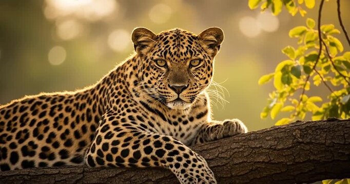 Majestic leopard resting on a tree branch in a serene jungle setting during golden hour