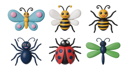 Adorable collection of six colorful 3d cartoon insects including a butterfly, two types of bees, an ant, a ladybug, and a dragonfly on transparent background