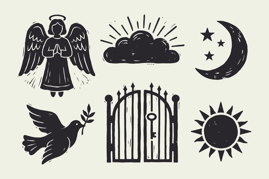 Vintage Religious and Celestial Vector Icons Set in Woodcut Print Style