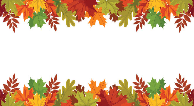 Horizontal frame or border composed of colorful autumn leaves in shades of red, orange, and green along the top and bottom.