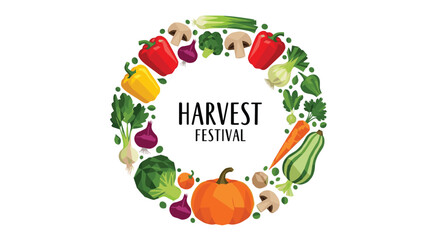 "Harvest Festival" greeting inside a circular frame made from a variety of fresh, colorful vegetables like pumpkins and peppers.