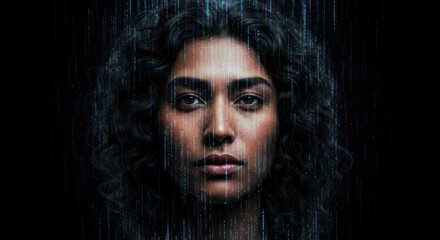 Digital portrait of a woman with cascading data streams reflecting future technology advancements