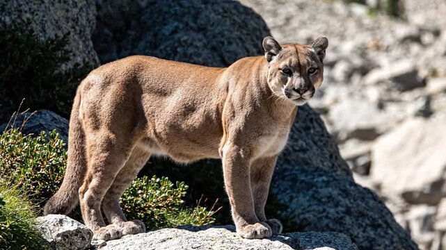 ultra realistic cinematic wildlife video mountain lion standing clearly visible on rocky mountain landscape full body in frame muscular powerful posture natural tawny fur detailed texture sharp eyes f