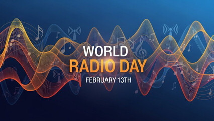 Vibrant orange and yellow sound wave graphic celebrating world radio day on february 13th with musical notes on blue background with celebration