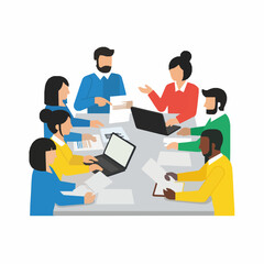 Teamwork collaboration vector illustration with group of people working together in modern office scene