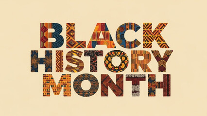 Vibrant multicolored black history month typography on beige background with african inspired patterns with African American and celebration