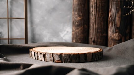 Natural wood slice podium for rustic product display against a concrete wall backdrop