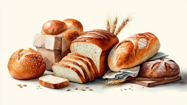 Assorted freshly baked bread selection including baguette sandwich bread rolls croissants and loaves on a light background