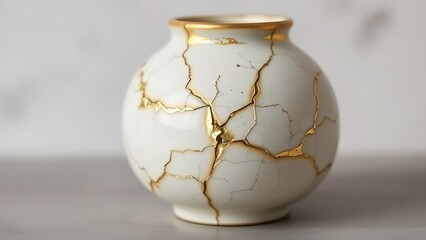 kintsugi. Ceramic vase repaired with gold leaf, kintsugi art pattern. event programs, museum guides, designed for cultural heritage projects and event programs, supports education.