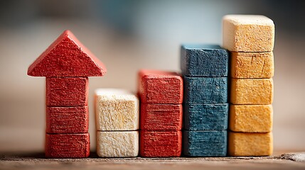Wooden Blocks Stacked in Increasing Bar Graph with Red Arrow stacked blocks increasing graph