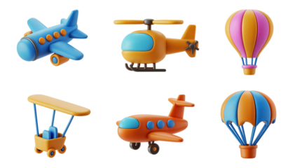 A charming collection of six colorful 3d rendered toy aircraft, including airplanes, helicopters, and vibrant hot air balloons on transparent background
