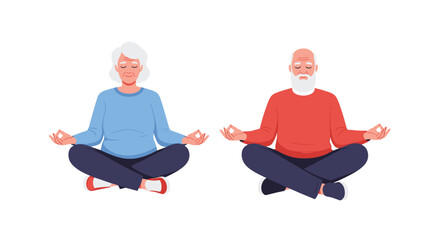 An elderly couple a man and a woman are sitting together in the lotus position meditating peacefully on a white background.
